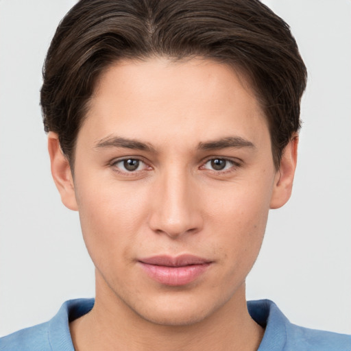 Neutral white young-adult male with short  brown hair and brown eyes