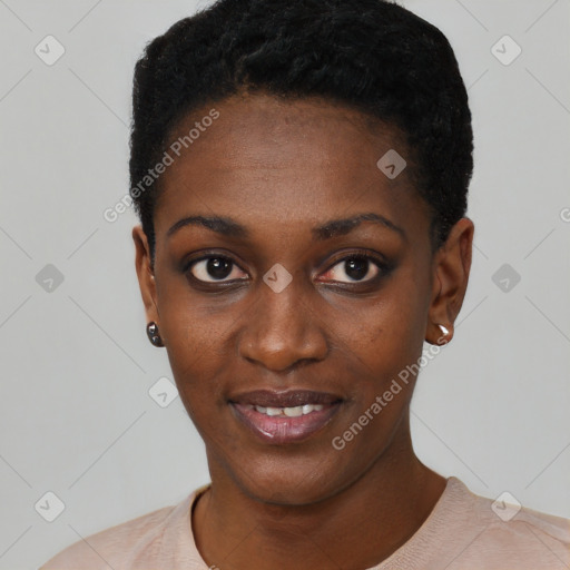 Joyful black young-adult female with short  black hair and brown eyes