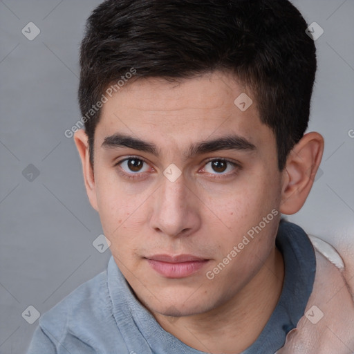 Neutral white young-adult male with short  brown hair and brown eyes