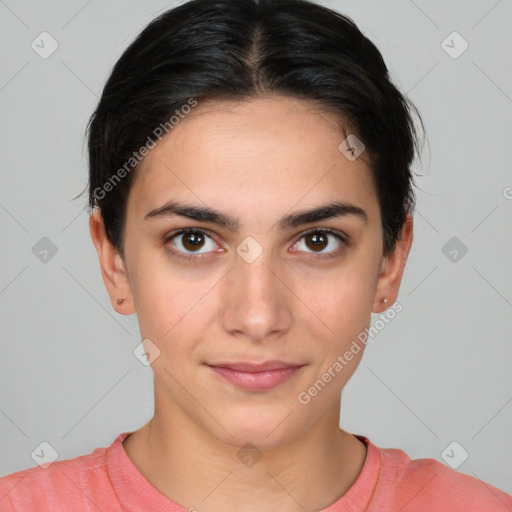 Joyful white young-adult female with short  brown hair and brown eyes