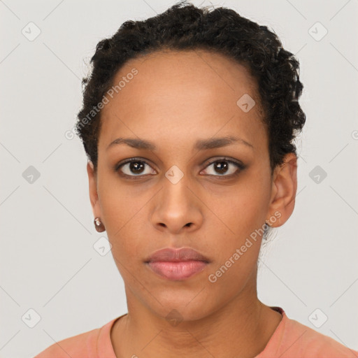 Neutral black young-adult female with short  black hair and brown eyes