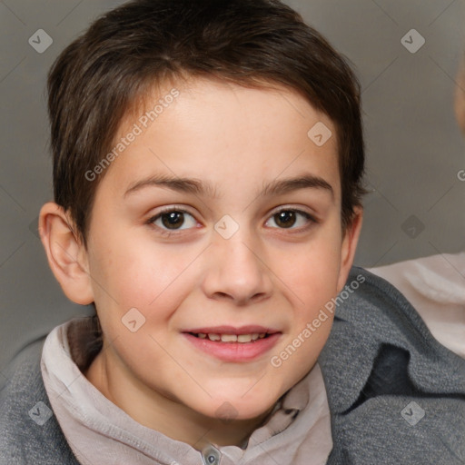 Joyful white child female with short  brown hair and brown eyes