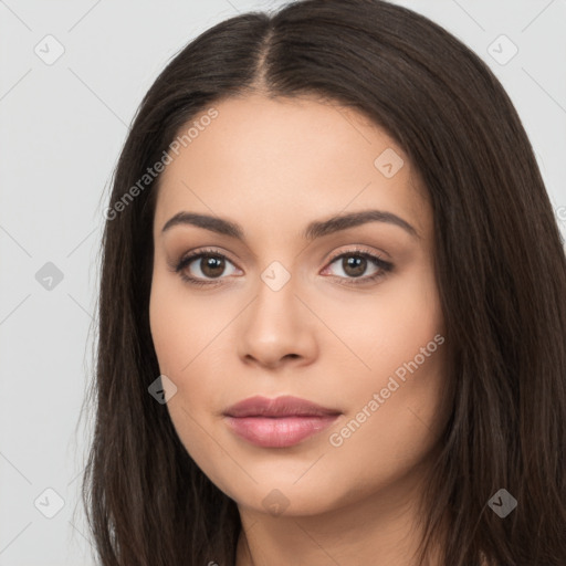 Neutral white young-adult female with long  brown hair and brown eyes