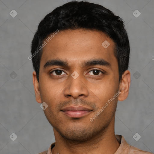 Neutral latino young-adult male with short  black hair and brown eyes