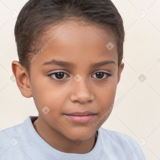 Joyful white child female with short  brown hair and brown eyes