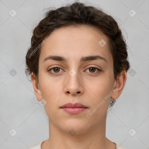 Neutral white young-adult female with short  brown hair and brown eyes