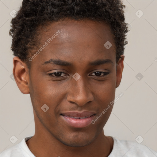 Joyful black young-adult male with short  brown hair and brown eyes