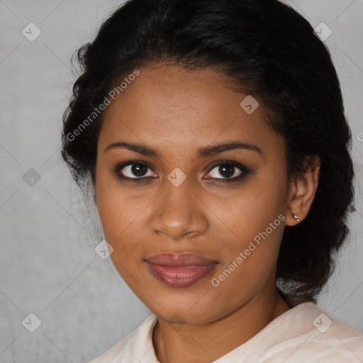 Joyful black young-adult female with medium  black hair and brown eyes