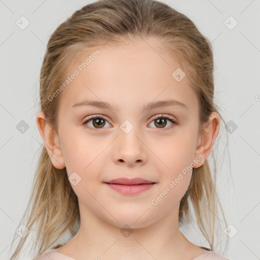 Joyful white child female with medium  brown hair and brown eyes