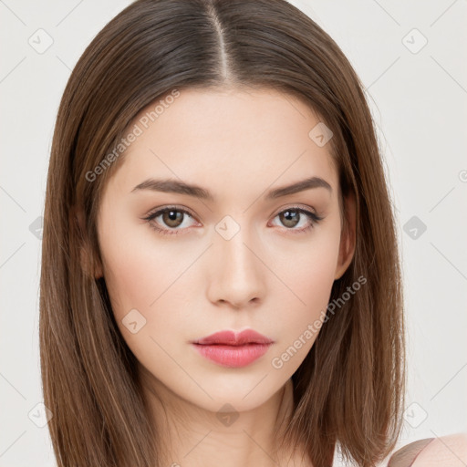 Neutral white young-adult female with long  brown hair and brown eyes