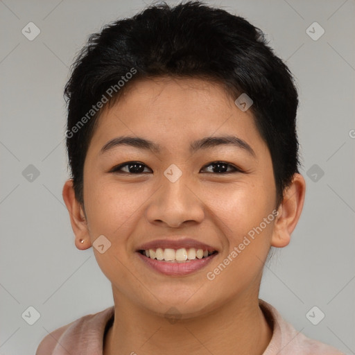 Joyful asian young-adult female with short  brown hair and brown eyes