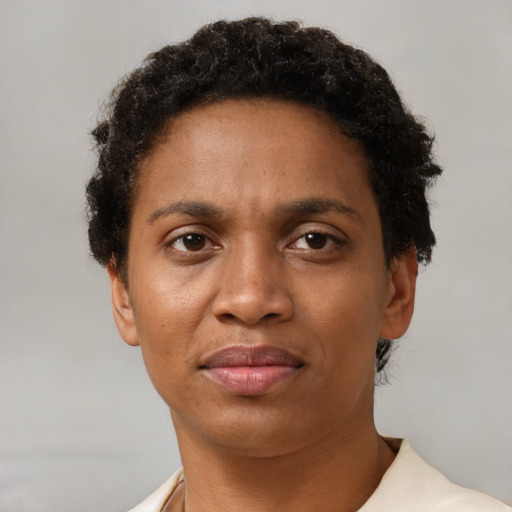 Neutral black adult female with short  brown hair and brown eyes