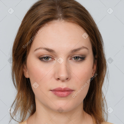 Neutral white young-adult female with medium  brown hair and brown eyes