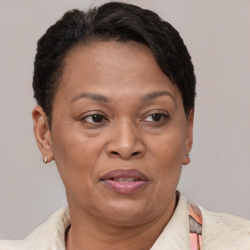 Joyful latino adult female with short  brown hair and brown eyes