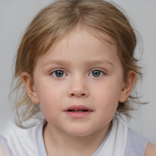 Neutral white child female with medium  brown hair and blue eyes