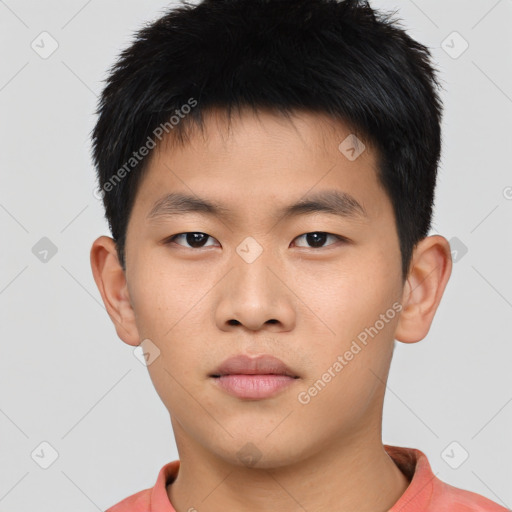 Neutral asian young-adult male with short  black hair and brown eyes