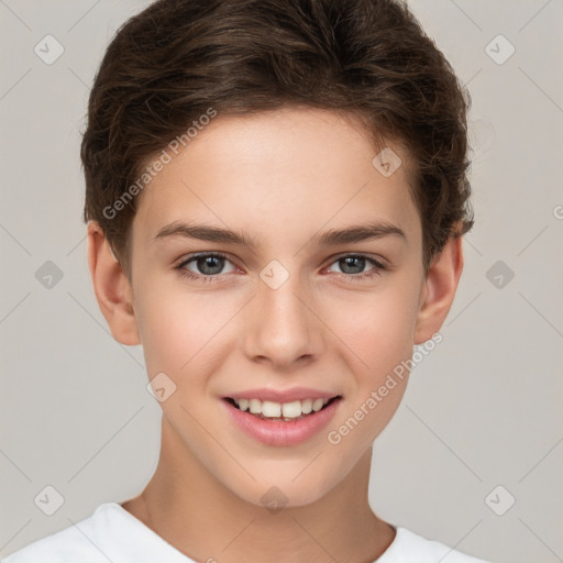 Joyful white child female with short  brown hair and brown eyes