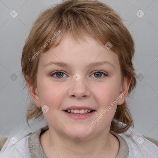 Joyful white child female with medium  brown hair and grey eyes