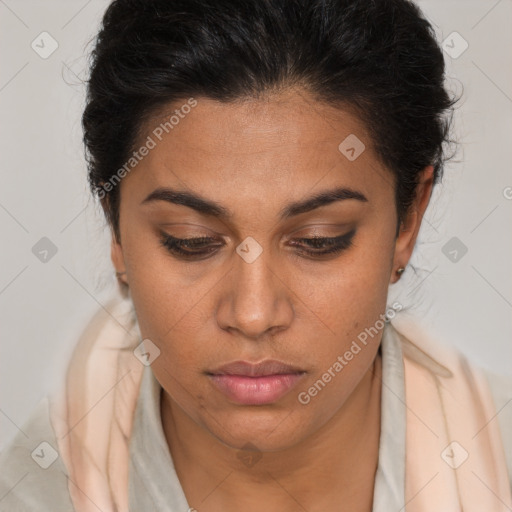 Neutral white young-adult female with short  brown hair and brown eyes