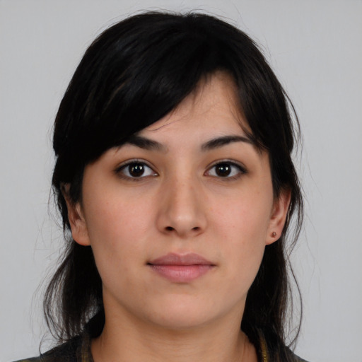 Neutral asian young-adult female with medium  black hair and brown eyes