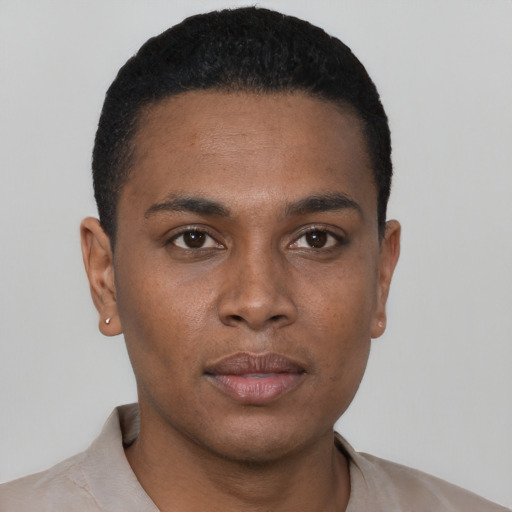 Neutral black young-adult male with short  black hair and brown eyes