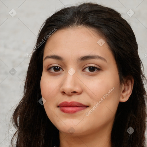 Joyful asian young-adult female with long  brown hair and brown eyes