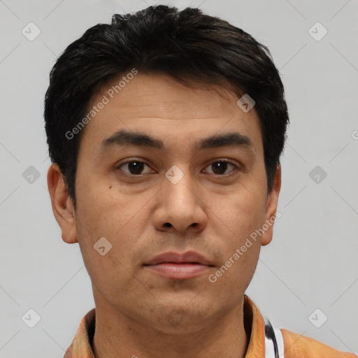 Neutral white young-adult male with short  black hair and brown eyes