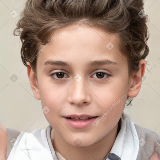 Joyful white child female with short  brown hair and brown eyes