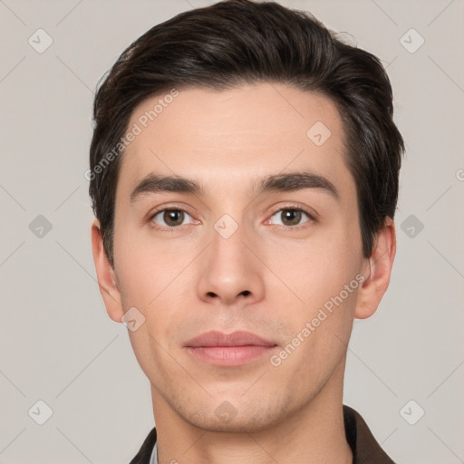 Neutral white young-adult male with short  brown hair and brown eyes