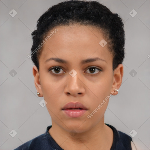 Neutral black young-adult female with short  black hair and brown eyes