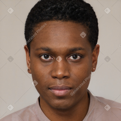 Neutral black young-adult male with short  black hair and brown eyes
