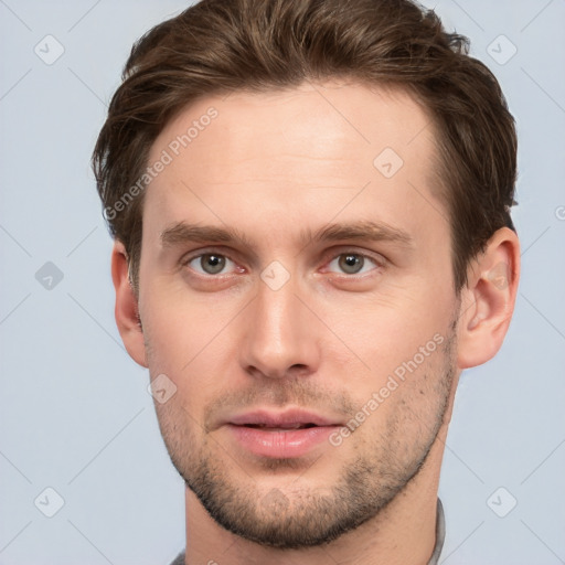 Neutral white young-adult male with short  brown hair and brown eyes