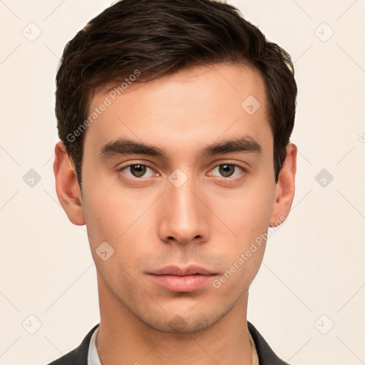 Neutral white young-adult male with short  brown hair and brown eyes