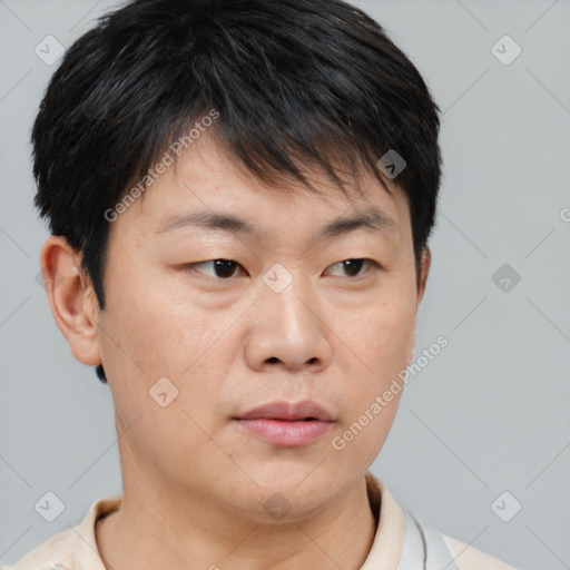 Neutral asian young-adult male with short  brown hair and brown eyes