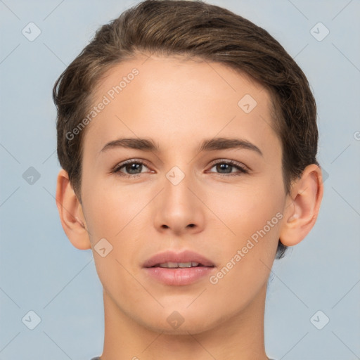 Joyful white young-adult female with short  brown hair and brown eyes