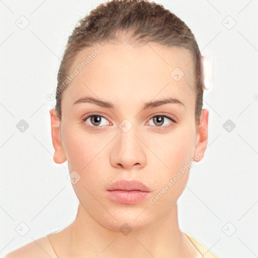 Neutral white young-adult female with short  brown hair and brown eyes