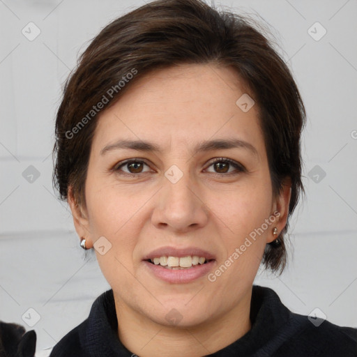 Joyful white adult female with medium  brown hair and brown eyes