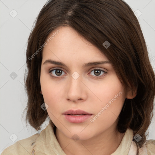 Neutral white young-adult female with medium  brown hair and brown eyes