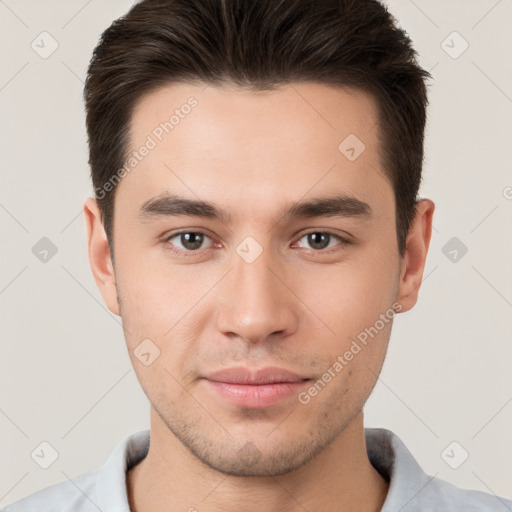 Neutral white young-adult male with short  brown hair and brown eyes