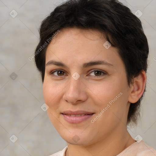 Joyful white young-adult female with short  brown hair and brown eyes