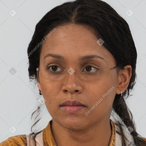 Neutral black adult female with medium  brown hair and brown eyes