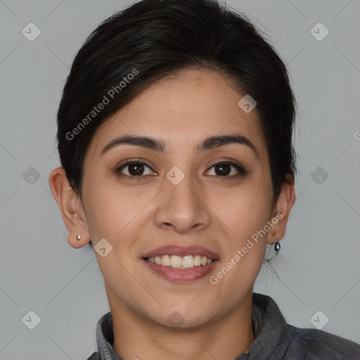 Joyful white young-adult female with short  brown hair and brown eyes