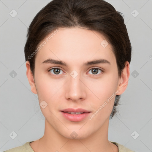 Neutral white young-adult female with medium  brown hair and brown eyes