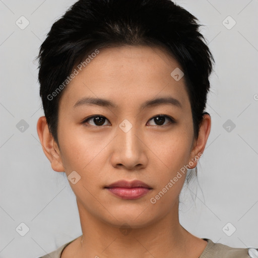 Neutral asian young-adult female with short  black hair and brown eyes