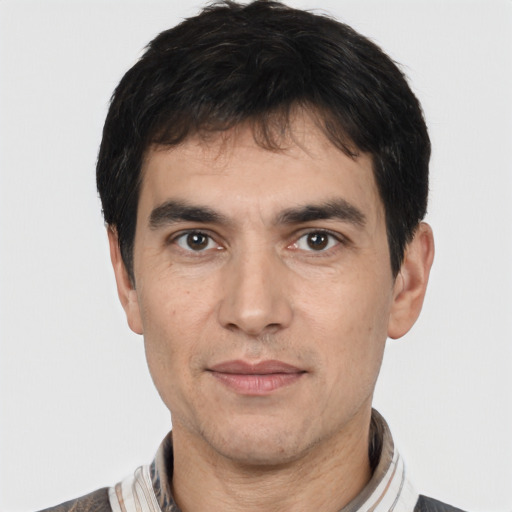 Neutral white adult male with short  black hair and brown eyes