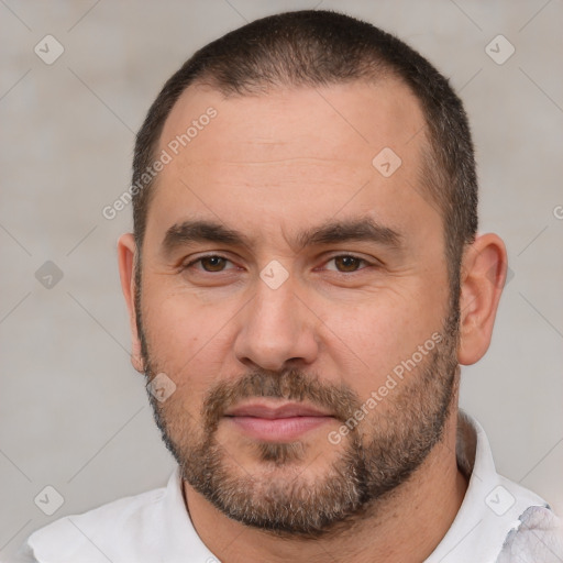 Neutral white adult male with short  brown hair and brown eyes