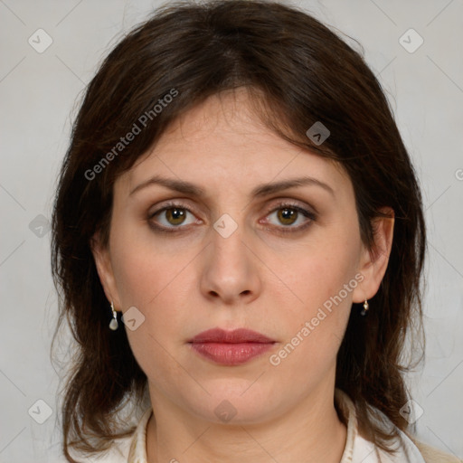 Neutral white young-adult female with medium  brown hair and brown eyes