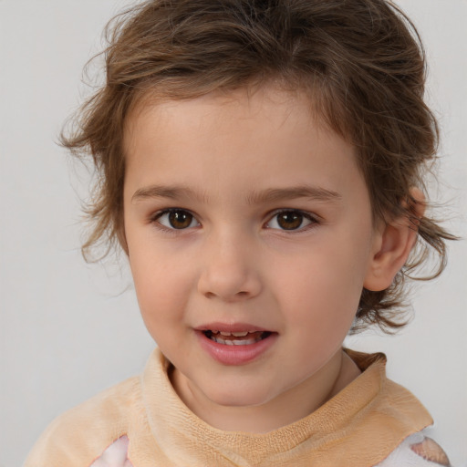 Joyful white child female with medium  brown hair and brown eyes