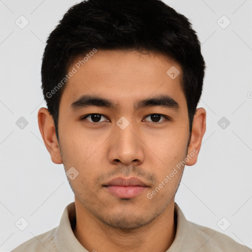 Neutral asian young-adult male with short  black hair and brown eyes