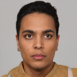 Neutral latino young-adult male with short  black hair and brown eyes